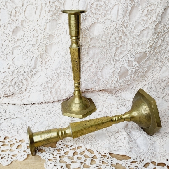 Antique Brass Candle Holders with floral etching - Picture 1 of 14
